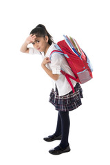 sweet mexican girl carrying heavy backpack or school bag - obrazy, fototapety, plakaty