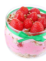 Healthy breakfast - yogurt with  strawberries and muesli served