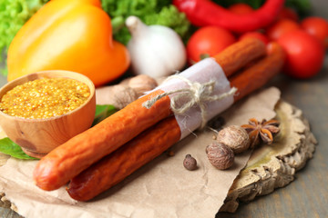 Composition of smoked thin sausages, mustard in bowl and spices