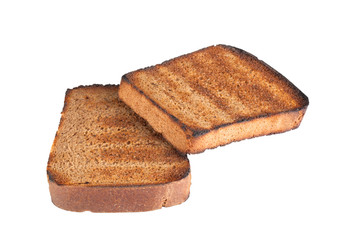 two piece black bread grilled isolated on white background