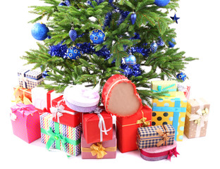 Christmas tree and presents isolated on white