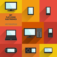 Set of flat icons electronics with long shadows