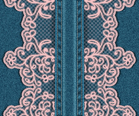 Vertical seamless denim background with lace.