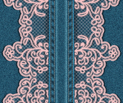 Vertical seamless denim background with lace.