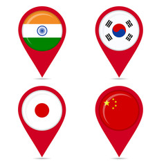 Map pin icons of national flags of asian countries
