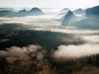 Dreamy misty autumn landscape. Deep valley is full of mist