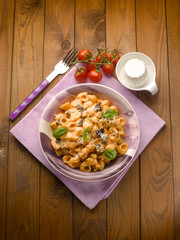 pasta with eggplant tomatoes ricotta and parmesan cheese