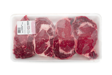 Fresh red meat packed in a poly bag.