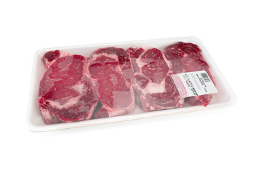 Fresh red meat packed in a poly bag.