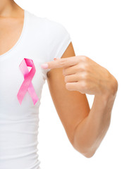 woman with pink cancer awareness ribbon