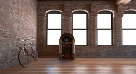 Obraz premium Bicicletta e jukebox in interno vintage