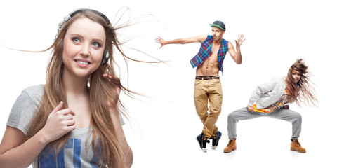 young woman listening music and two dancers on background