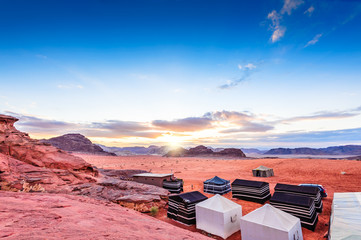 The Valley of the Moon at sunset in Wadi Rum, Jordan.