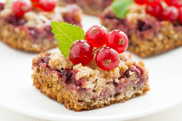 berry tart with fresh redcurrants and mint on white plate