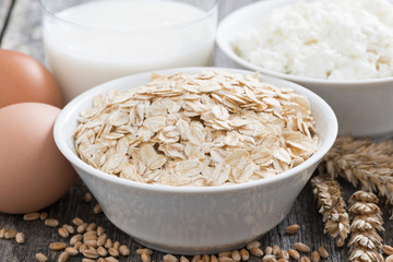 oatmeal, eggs, cottage cheese and milk, close-up