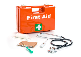 First aid kit with medical products and equipment
