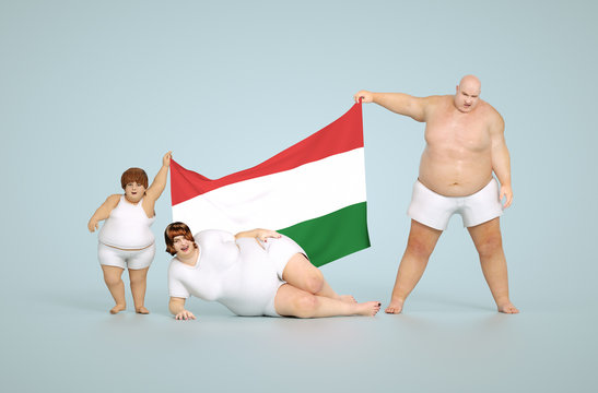 3d Render Hungarian Obesity Concept - Fat Family With Flag