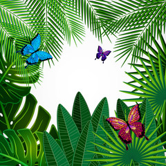 Fototapeta na wymiar Tropical leaves with butterflies. Floral design background.