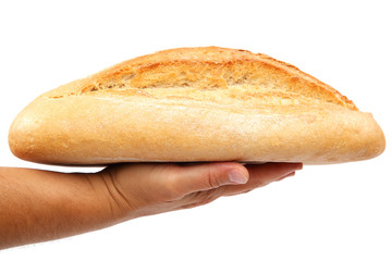 Bread in hand on white background.