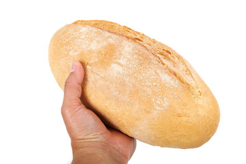 Bread slice in hand on white background.