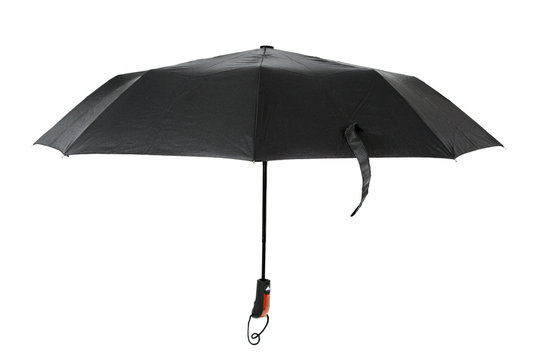 Modern black umbrella in the unfolded form isolated on white bac