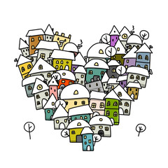 Winter city of love, heart shape sketch for your design