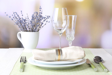 Dining table setting with lavender flowers