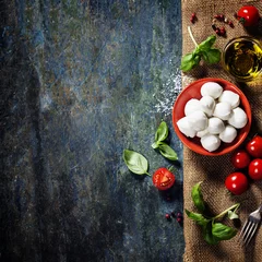 Foto op Plexiglas Cherry tomatoes, basil leaves, mozzarella cheese and olive oil f © Natalia Klenova