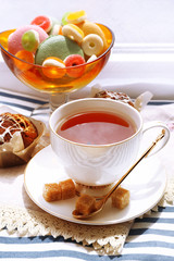 Cup of tea on table, close up
