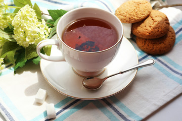 Cup of tea on table, close up