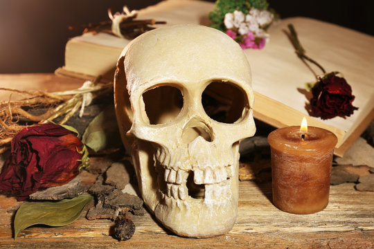 Human skull with dried rose petals and candle
