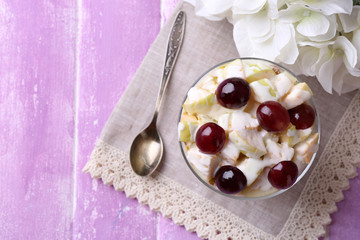 Healthy breakfast - yogurt with  fresh grape and apple slices