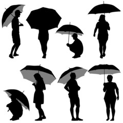 Black silhouettes man and woman under umbrella.