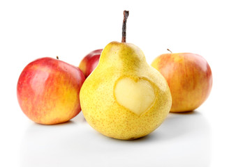 Ripe pear and apple with heart isolated on white