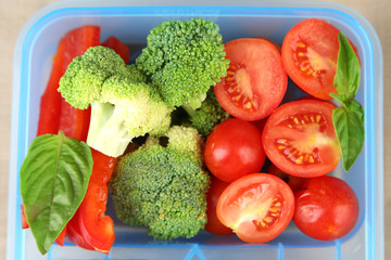 Tasty vegetarian food in plastic box, close up