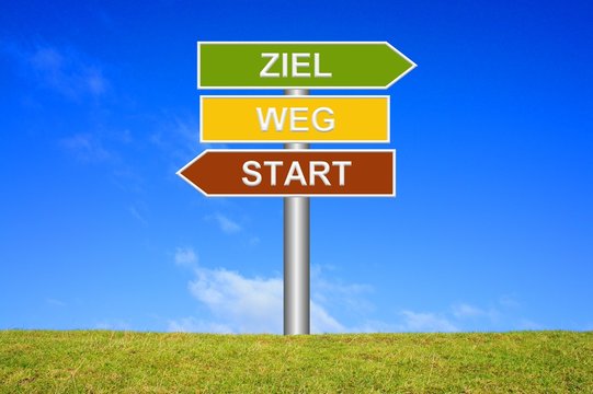 Schild Wegweiser: Start / Weg / Ziel