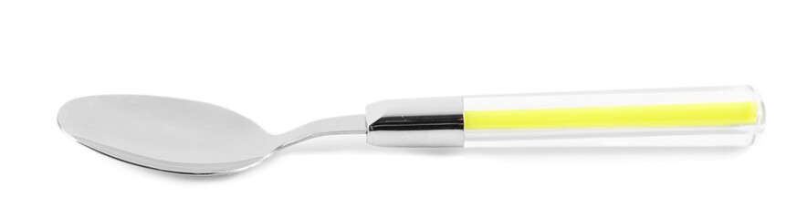 Metal spoon with color plastic handle isolated on white