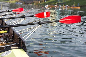 Empty boat with a red paddle on the lake