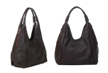 two views of dark brown women bag on white