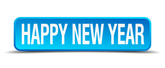happy new year blue 3d realistic square isolated button