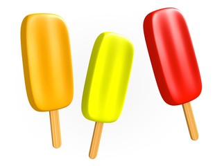 Frosty orange, lemon, and strawberry fruit popsicles