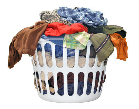 Pile of dirty laundry in a washing basket on white background