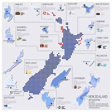 Dot And Flag Map Of New Zealand Infographic Design