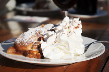 Apple strudel in Alpine mountain.