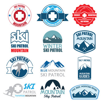 Set of ski patrol mountain badges and logo patches. Vector Illus