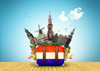Holland, Amsterdam landmarks, travel and retro suitcase