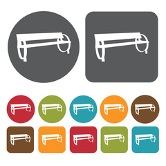 Metal bench icons set. Round and rectangle colourful 12 buttons.