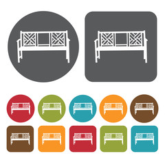 Bamboo bench icons set. Round and rectangle colourful 12 buttons