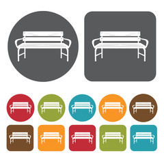 Bench isolated icons set. Round and rectangle colourful 12 butto