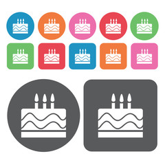 Outlined birthday cake icons set. Round and rectangle colourful